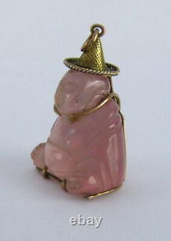 Chinese 14k Gold Mounted Rose Quartz Carved Buddha Charm Pendant, 1 Of Several