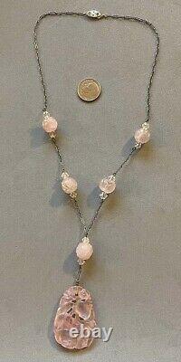 Chinese Art Deco 14K White Gold Clasp Carved Rose Quartz Beads Pendant Necklace