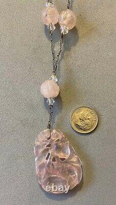 Chinese Art Deco 14K White Gold Clasp Carved Rose Quartz Beads Pendant Necklace