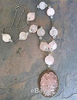 Chinese Art Deco Carved Rose Quartz Shou Beads Necklace with Pendant Gilt Silver