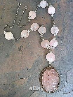 Chinese Art Deco Carved Rose Quartz Shou Beads Necklace with Pendant Gilt Silver