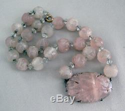 Chinese ROSE QUARTZ Carved Pendant and Shou Bead Sterling Silver NecklaceH074