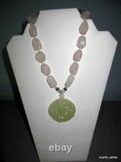 Chunky natural Rose Quartz Gemstone Necklace & Jade Pendant 16 strand necklace