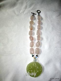 Chunky natural Rose Quartz Gemstone Necklace & Jade Pendant 16 strand necklace