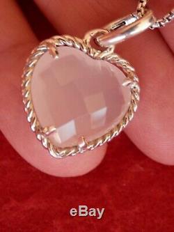 David Yurman 20mm Cable Rim Pink Rose Quartz Heart Pendant Necklace