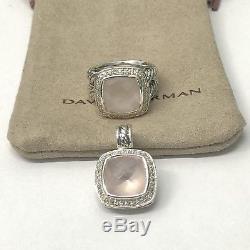 David Yurman Silver 925 11mm Albion Rose Quartz Diamond Ring Pendant Set
