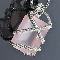 David Yurman Sterling Silver Diamond Rose Quartz Cable Wrap Pendant Necklace