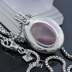 David Yurman Sterling Silver Diamond Rose Quartz Signature Oval Pendant Necklace