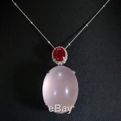 Deluxe! Natural Pink Rose Quartz & Ruby Real 925 Sterling Silver Pendant