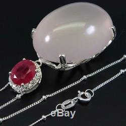 Deluxe! Natural Pink Rose Quartz & Ruby Real 925 Sterling Silver Pendant