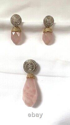 Diamond Set Rose Quartz Pendant and Earrings 18K White and Yellow Gold Jewellery