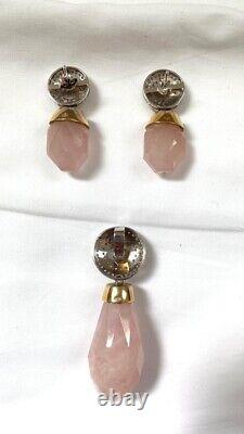 Diamond Set Rose Quartz Pendant and Earrings 18K White and Yellow Gold Jewellery