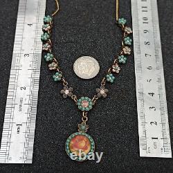 Early Michal Negrin Necklace Y Drop Rose Cabochon Floral With Swarovski Crystals