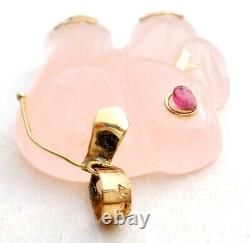 Elephant Pendant Pink Rose Quartz 14K Yellow Gold For Necklace Ruby Eye Vintage