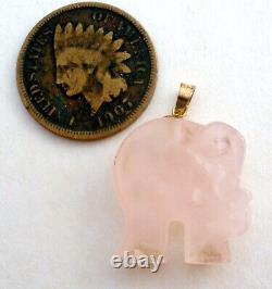 Elephant Pendant Pink Rose Quartz 14K Yellow Gold For Necklace Ruby Eye Vintage