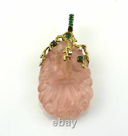 Estate 14K Yellow Gold Vintage Carved Rose Quartz Diamond & Emerald Pendant
