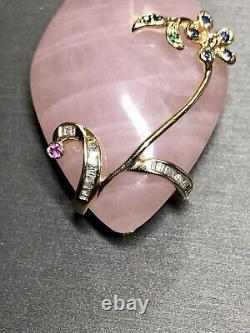 Estate 18K Rose Quartz Diamond Sapphire Ruby Tsavorite Floral Pendant Necklace