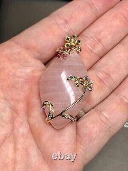 Estate 18K Rose Quartz Diamond Sapphire Ruby Tsavorite Floral Pendant Necklace