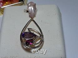 Estate 4.75ctw pear Rose Quartz, Amethyst &Garnet 14Kt YG Tear drop Pendant19399