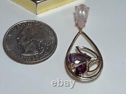 Estate 4.75ctw pear Rose Quartz, Amethyst &Garnet 14Kt YG Tear drop Pendant19399