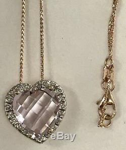 Estate Heart Shaped Rose Quartz And Diamond Pendant In 14k Rose Gold