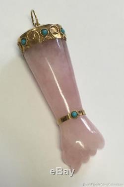 Estate Jewelry Rose Quartz Turquoise Arm Fist Pendant 18K Yellow Gold 3.5 Long