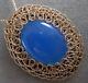 Estate Large Blue Quartz 14k Rose Gold Diamond Cut Filigree Oval Pendant & Chain