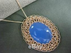 Estate Large Blue Quartz 14k Rose Gold Diamond Cut Filigree Oval Pendant & Chain