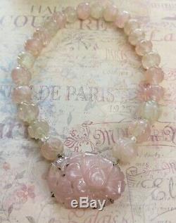 Estate Sterling Chinese Carved Rose Quartz Pendant Necklace With Shou Beads