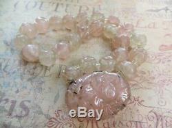 Estate Sterling Chinese Carved Rose Quartz Pendant Necklace With Shou Beads