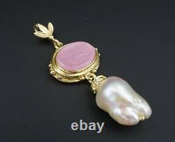 Etruscan 18k Gold Pink Venetian Intaglio Baroque Pearl Pendant 2.3 14g PG1292