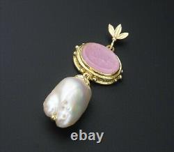 Etruscan 18k Gold Pink Venetian Intaglio Baroque Pearl Pendant 2.3 14g PG1292