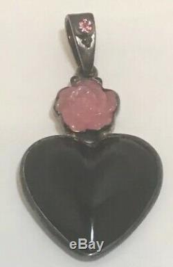 Fabulous Onyx Heart Pendant, With Rose Quartz, Topaz- Sterling (Old)