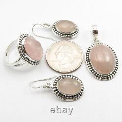 Fashion Jewelry! 925 Silver Original ROSE QUARTZ Pendant Earrings Ring Sz 7 SET