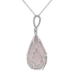 Fine 14k White Gold Pave Diamond Teardrop Rose Quartz Dangle Pendant Necklace