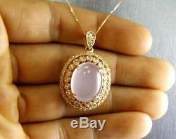 Fine Huge Oval Pink Rose Quartz & Diamond Necklace Pendant 14K Rose Gold 13.81Ct