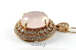 Fine Huge Oval Pink Rose Quartz & Diamond Necklace Pendant 14K Rose Gold 13.81Ct