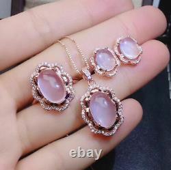 Fine Jewelry Natural Rose Quartz 925 Sterling Silver Pendant Necklace Earring