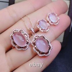 Fine Jewelry Natural Rose Quartz 925 Sterling Silver Pendant Necklace Earring