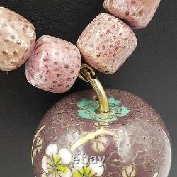 Flli Menegatti Italy Vtg Sponge Coral & Pink Quartz Cloisonne Pendant Necklace