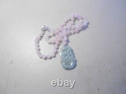 Fung shui zodiac jade dragon pendant/ rose quartz necklace/silver clasp