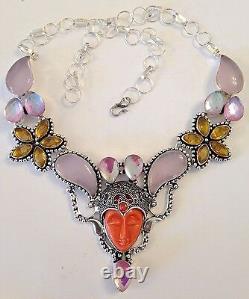 GODDESS FACE RED CORAL & ROSE QUARTZ GEMSTONE NECKLACE SILVER 18 with BOX