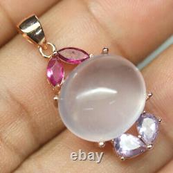 Gemstone 14 x 16 mm. Rose Quartz, Amethyst & Ruby Pendant 925 Silver rose Gold