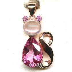 Gemstone Pink Mystic Topaz, Rose Quartz & Rhodolite Cat Pendant 925 Silver