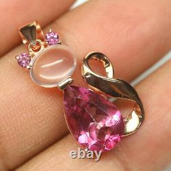 Gemstone Pink Mystic Topaz, Rose Quartz & Rhodolite Cat Pendant 925 Silver