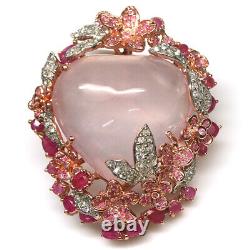 Gemstone Rose Quartz, Ruby, Sapphire & Zircon Brooch/Pendant 925 Silver