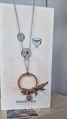 Genuine Pandora 14k Rose Gold Medium O Pendant & Necklace Set+4 Charms Ale R-met