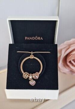 Genuine Pandora 14k Rose Gold Medium O Pendant & Necklace Set+4 Charms Ale R-met