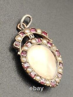 Georgian Gold Crowned Heart Rock Crystal Garnet Locket Pendant 18th Century