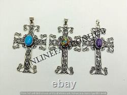 Gift Rose Quartz & Mix Gemstone 925 Sterling Silver Plated Holy Cross Pendants